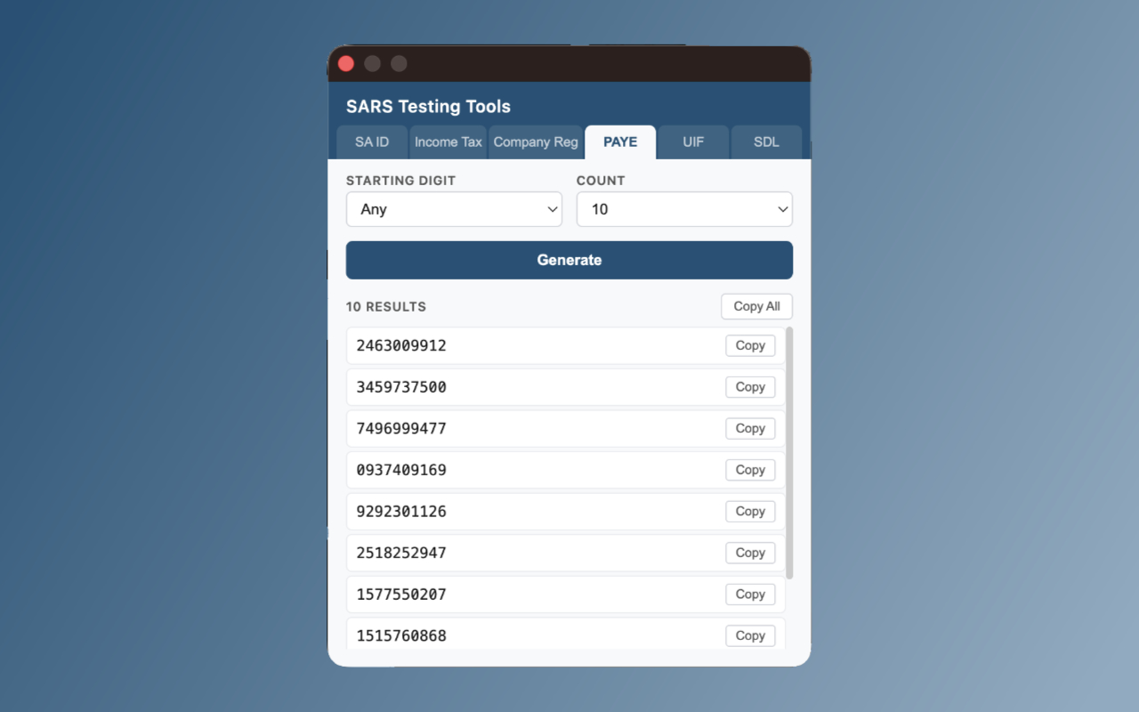 Screenshot of the PAYE section.