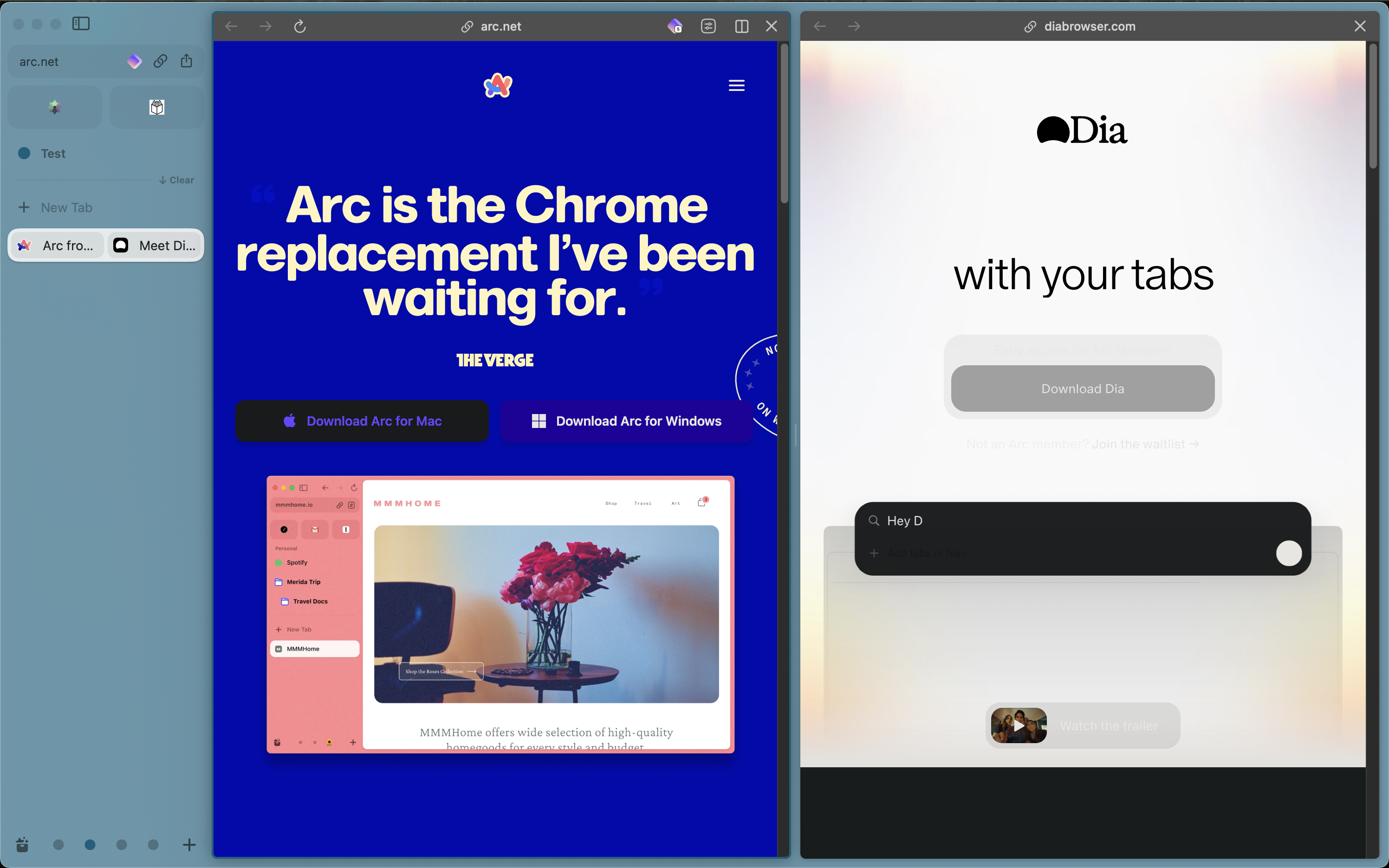 Arc browser with split tabs.