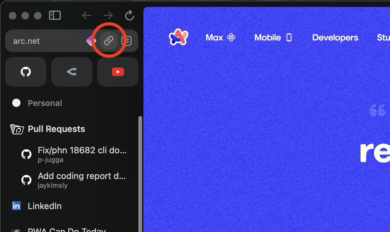 Arc browser copy URL button.
