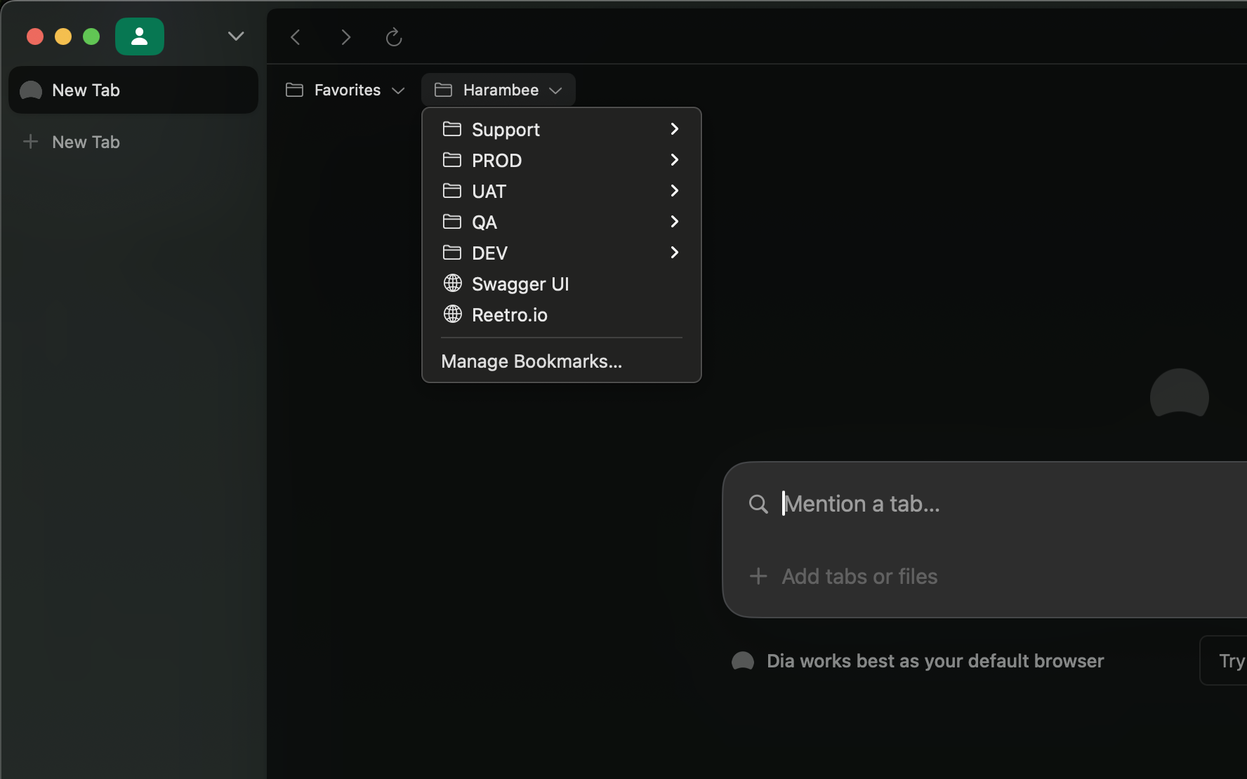 Dia browser showing bookmarks bar.
