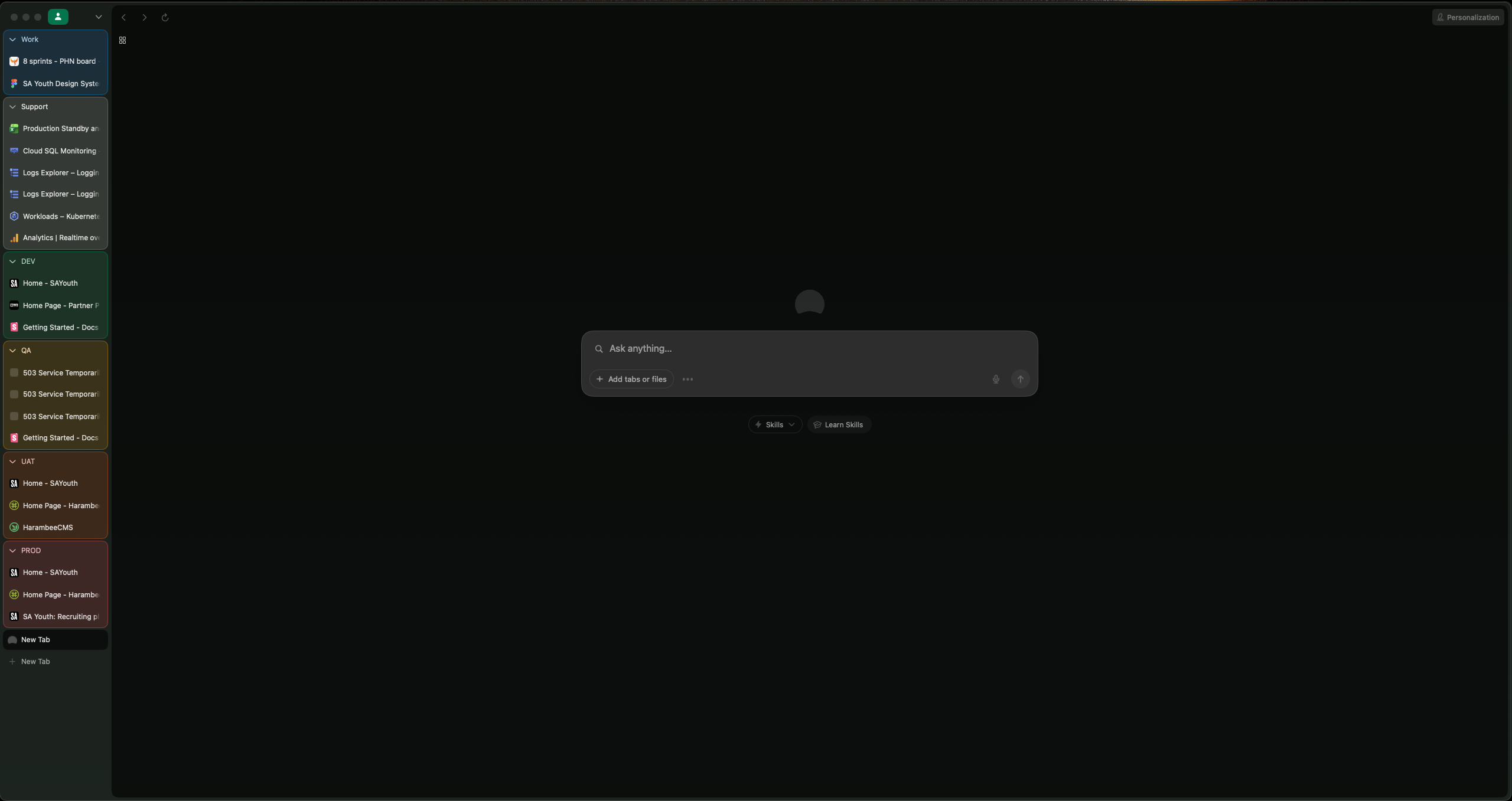 Dia browser showing its tab groups.