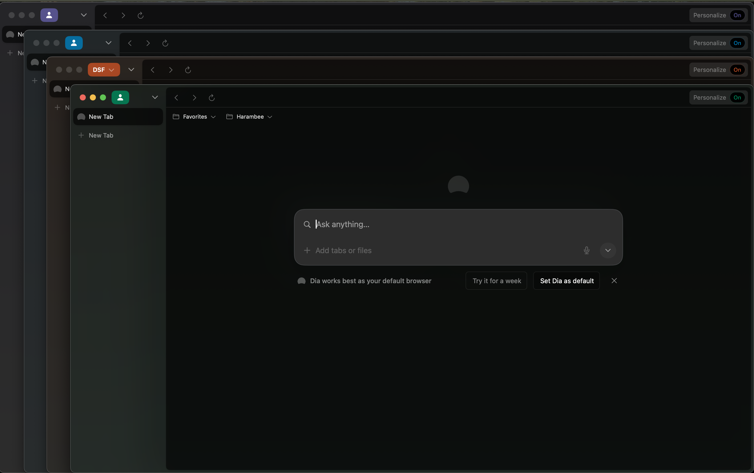 Dia browser showing its spaces.