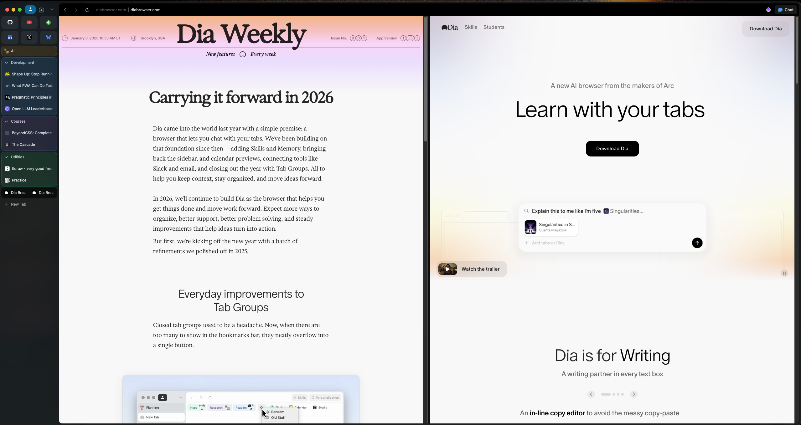 Dia browser showing tab splits.