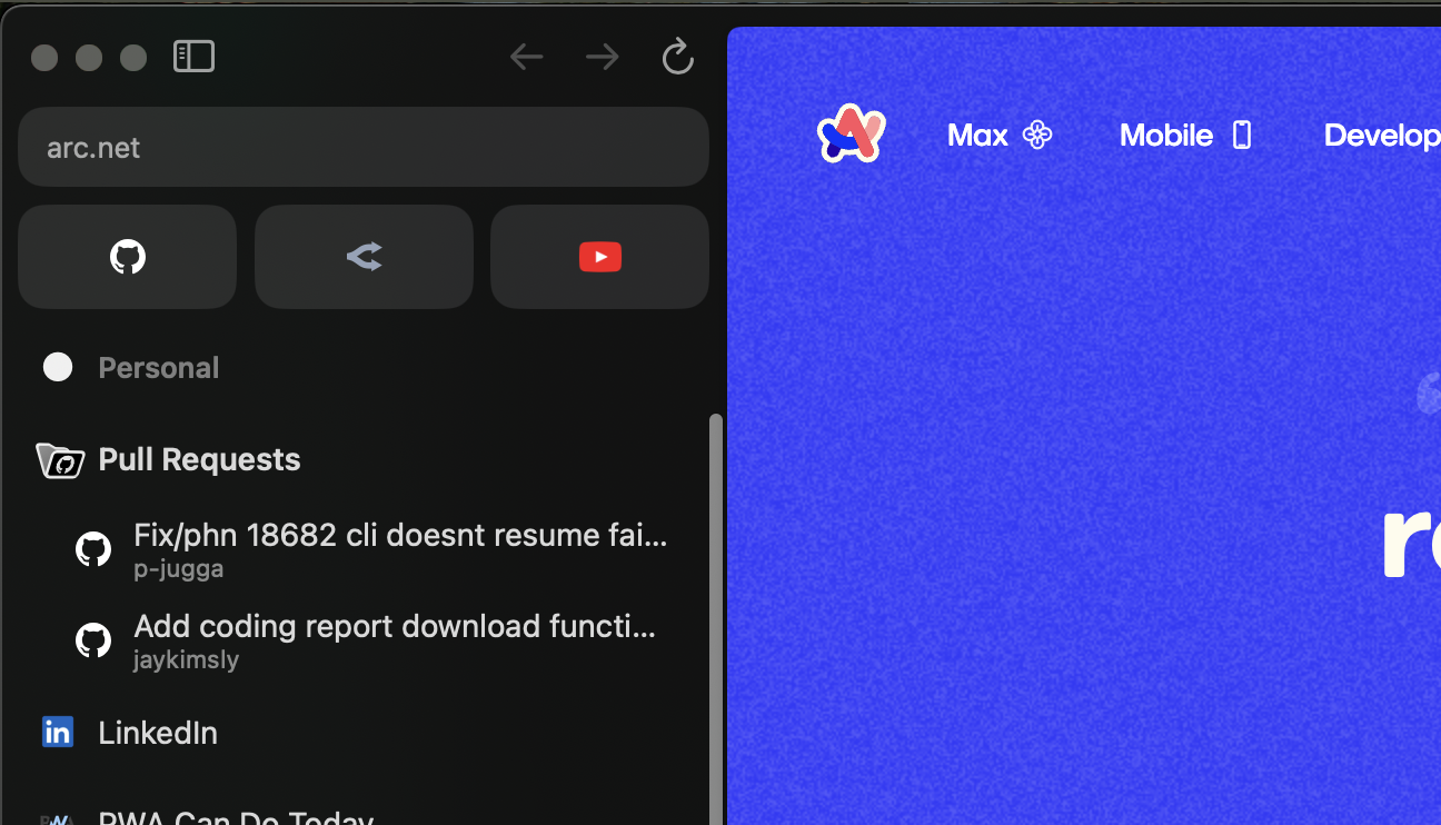 Arc browser with GitHub live folder.