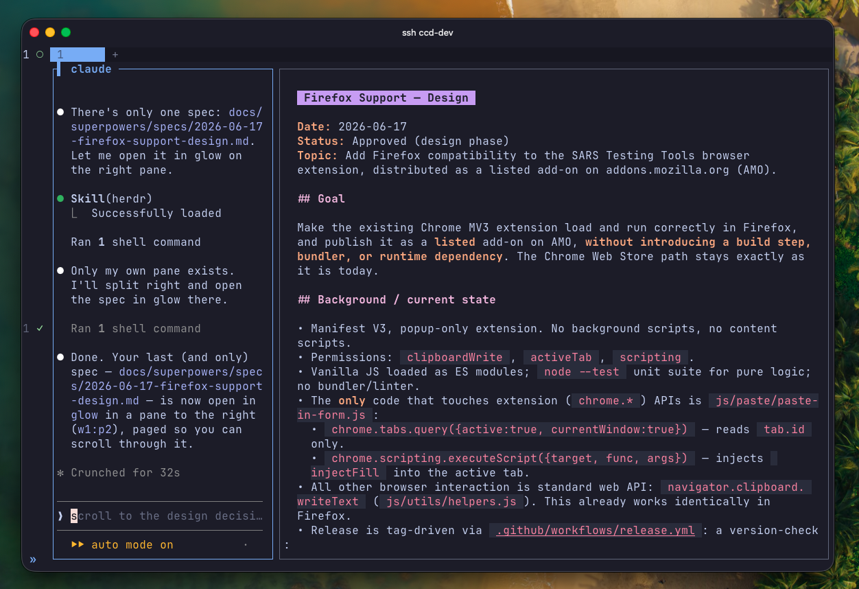 Claude's pane on the left with a glow pane on the right rendering a design spec.