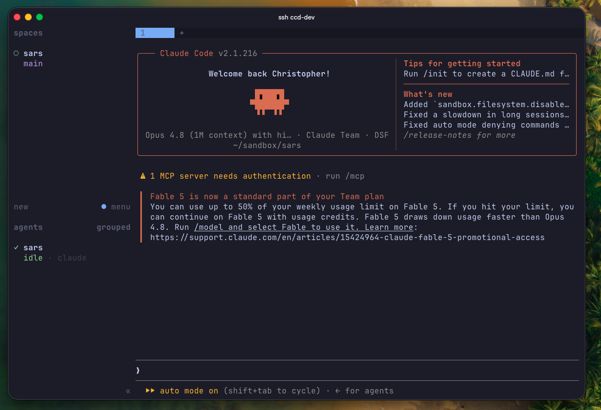 A herdr workspace over SSH with the spaces and agents sidebar on the left and a fresh Claude Code session in the main pane.