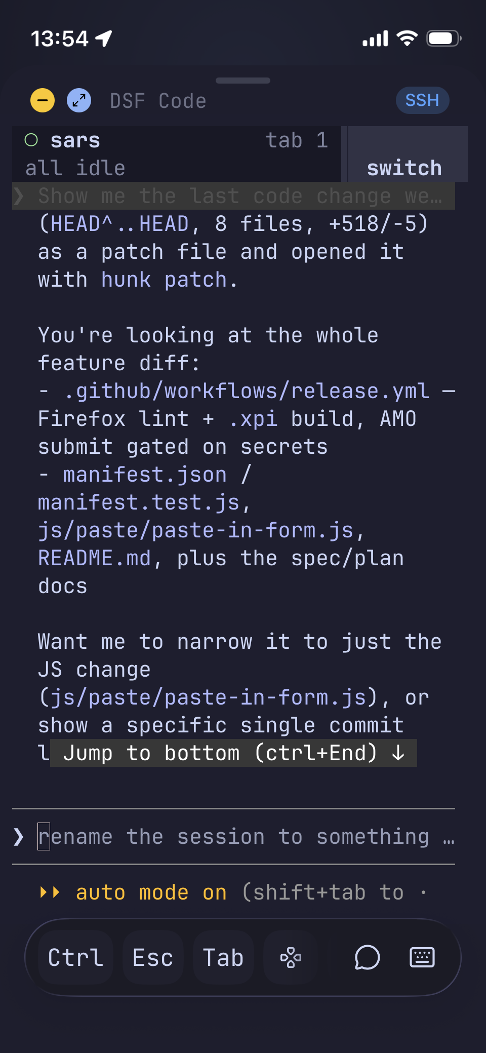 Moshi on a phone attached to the same herdr session, showing Claude's summary of a feature diff.