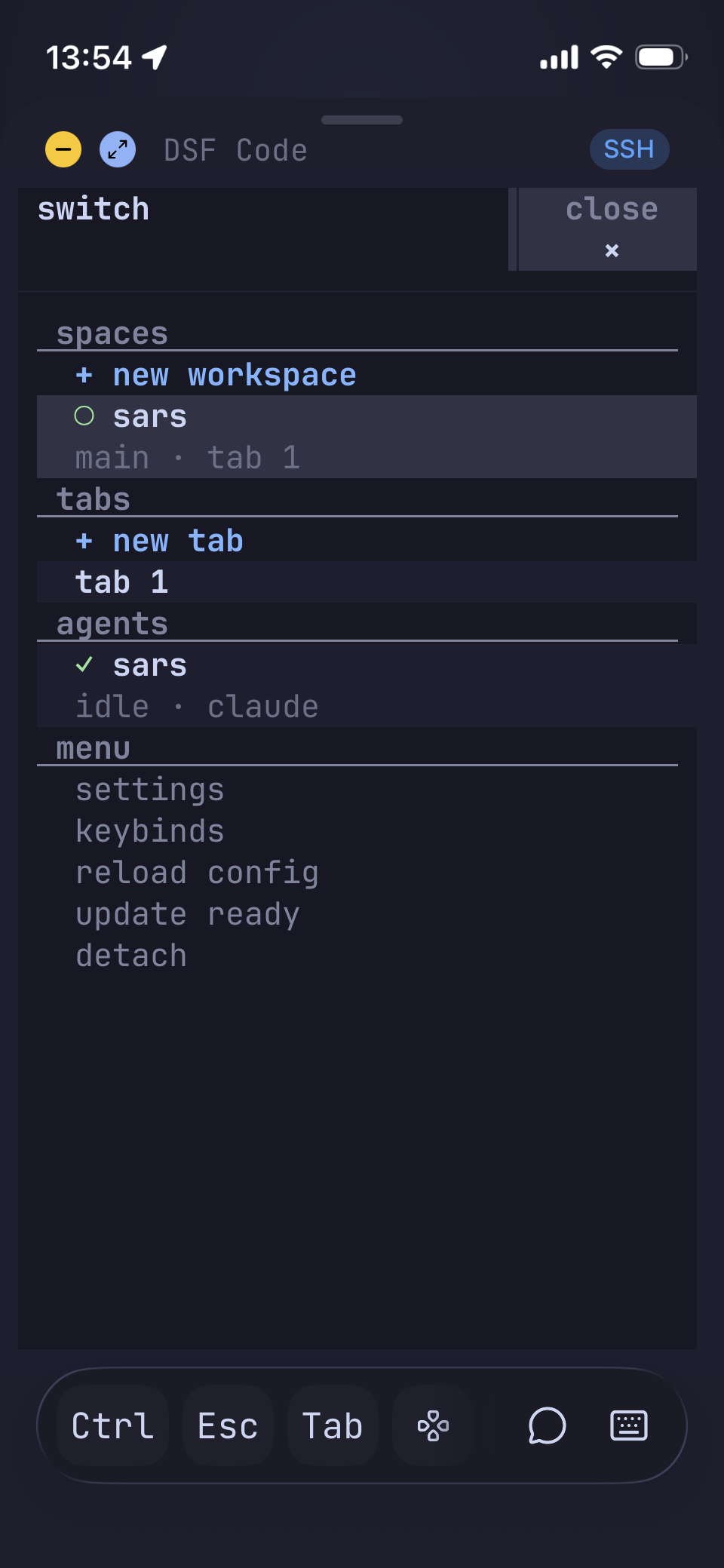 Moshi's switcher showing workspaces, tabs, and agent statuses at a glance.