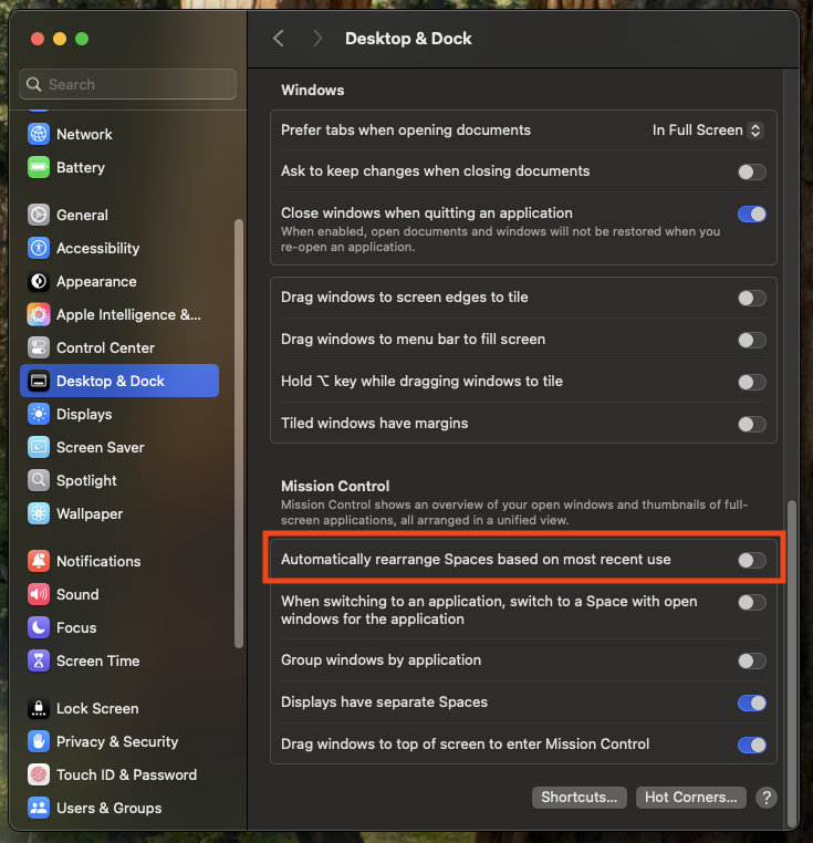System Settings for Desktop & Dock.
